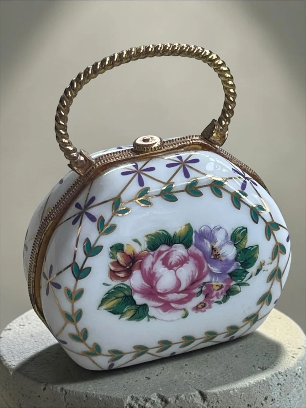 Vintage Floral Porcelain Purse Trinket Box Rose Hinged Keepsake Box